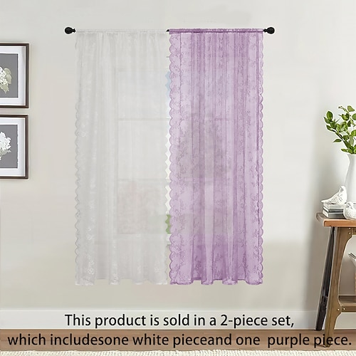 2/4 zweifarbige, transparente Spitzengardinen mit Stangendurchzug, Jacquard-Spitze, lichtdurchlässig und elegant, fertig konfektionierte Luxusgardinen für die Heimdekoration Image