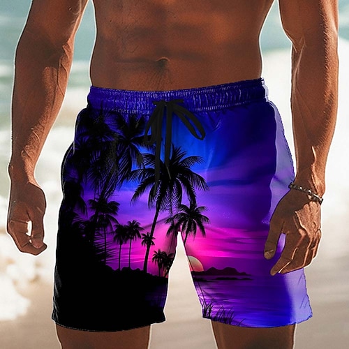 Herren Kokospalme Natur Landschaft Tropische Pflanzen Badehosen Badeshorts Boardshorts Mittlere Taille Hawaiianisch Strandurlaub Seitentaschen Netzfutter Elastischer Kordelzug in der Taille Designer Image