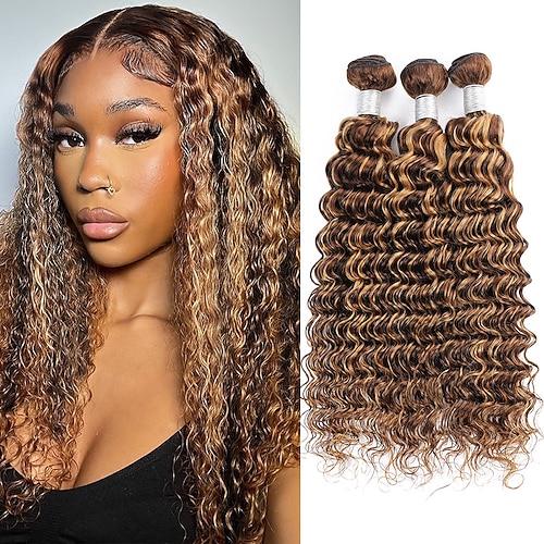 p4/27 Braune Haarverlängerungen mit tiefen Wellen, Echthaar-Highlights, blonde Haarverlängerungen mit tiefen Wellen, 3er-Packung Echthaar-Extensions für schwarze Frauen Image