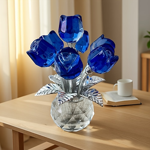 Exquisite Rosenskulpturen aus Kristallglas – elegantes Rot, Blau Rosa Blumendekor mit glitzernden Blättern, vielseitige Dekoration für Schlafzimmer, Küche, Wohnzimmer, Gebetsraum – das perfekte Image