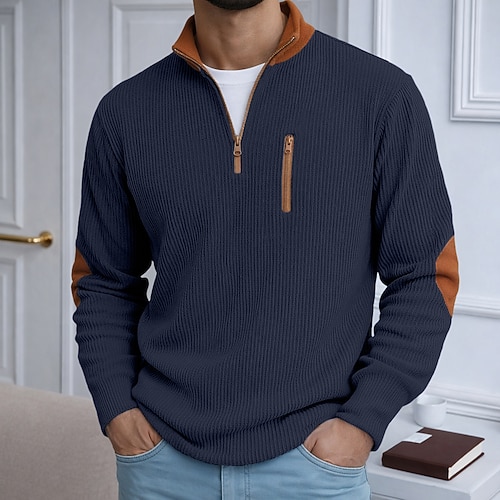 Herren Cordhemd T-Shirt Langarmshirt Langarm Reißverschluss Herbst Winter Herbst Winter Farbblock Täglich Strukturiert Lässig Reißverschluss Oversize Locker Lässig Outdoor Straße Schwarz Hellgrün Image
