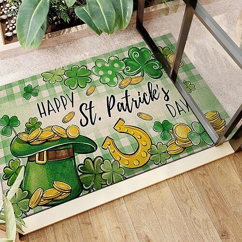 Fußmatte zum St. Patrick's Day, irisches vierblättriges Kleeblatt-Design, Eingangsmatte, festlicher grüner Kleeblatt-Türteppich für die Feierlichkeiten zum St. Patrick's Day. Image
