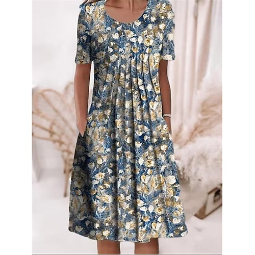 Damen Midikleid Kunstbaumwollleinen Shiftkleid Freizeitkleid Sommerkleid Mode Modern Täglich Strand Wochenende Normale Passform Blumen Kurzarm Rundhalsausschnitt Blau Weiß Rote Marineblau Sommer Image