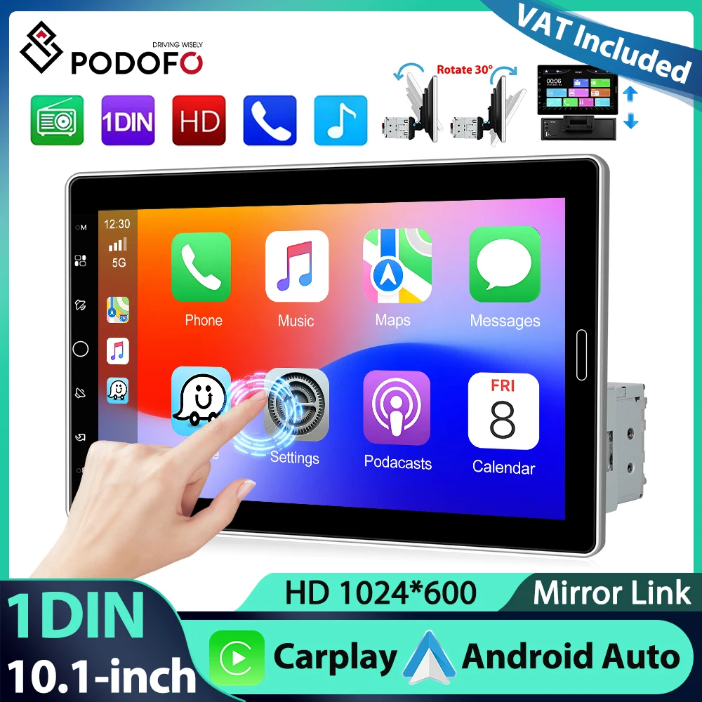 Podofo 1 Din Lettore MP5 Carplay Android Auto Car Stereo Radio Mirror Link 10.1 pollici HD Bluetooth Ricevitore FM USB Car Stereo