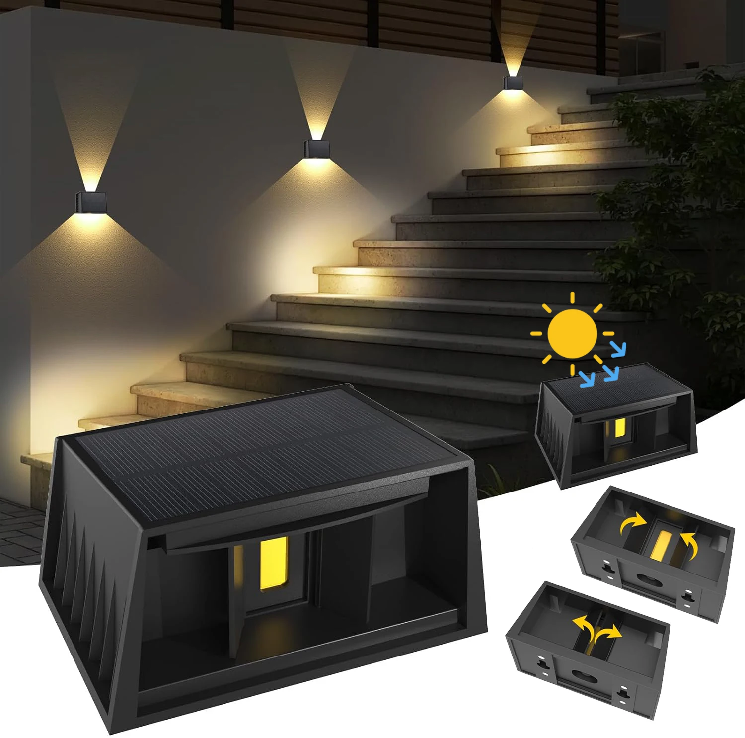 1/2 Stück Solar-Wandleuchte, 3000 K, warmweiße Solarlampe für den Außenbereich, Abstrahlwinkel nach oben und unten, Solarlicht, Garten für Veranda, Weg, Garage