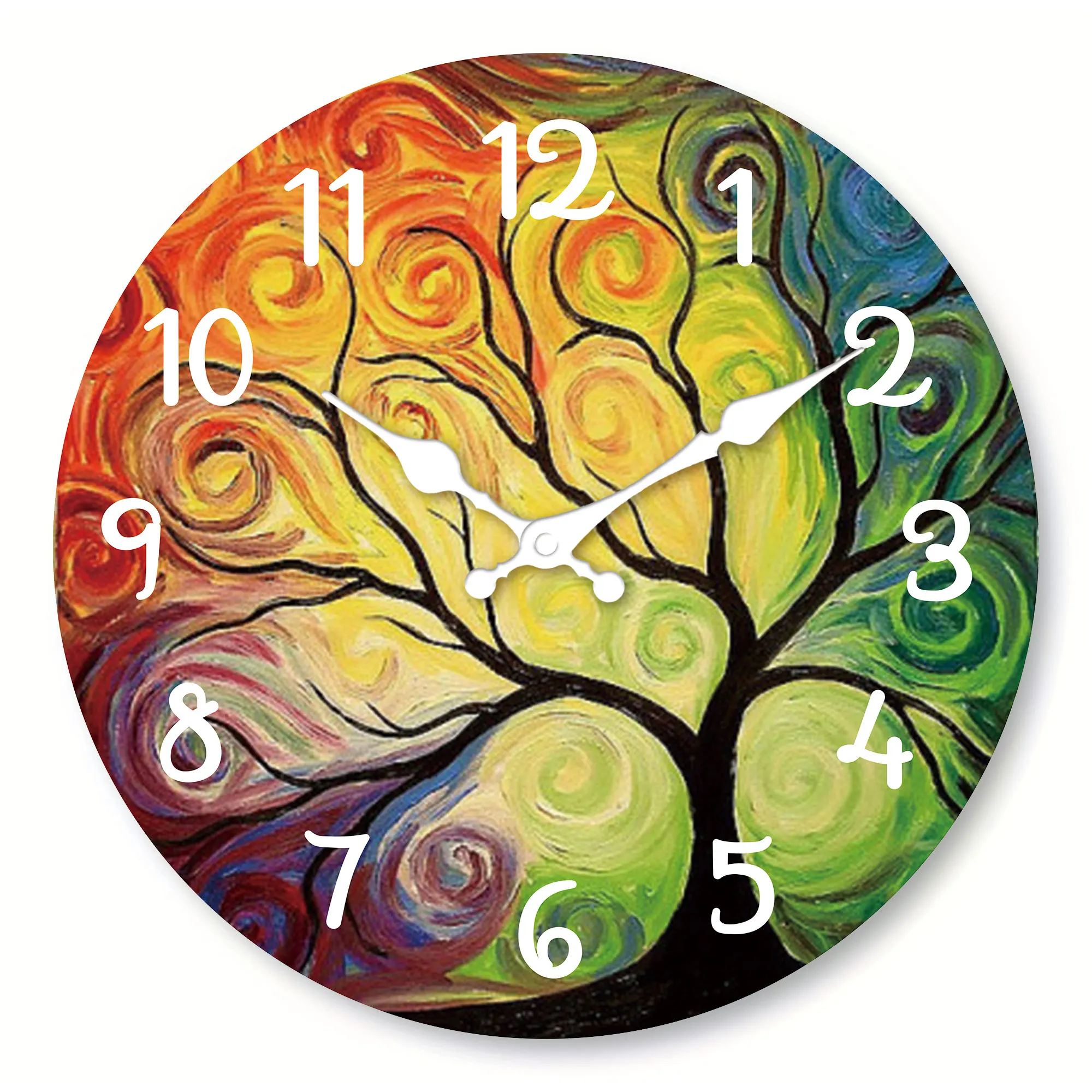 1 Stück runde Wanduhr aus Holz, Regenbogen-Ölgemälde, Baum des Lebens-Thema-Design-Wanduhr, geräuschlose Wanduhr für Zuhause, für Wohnzimmer Image