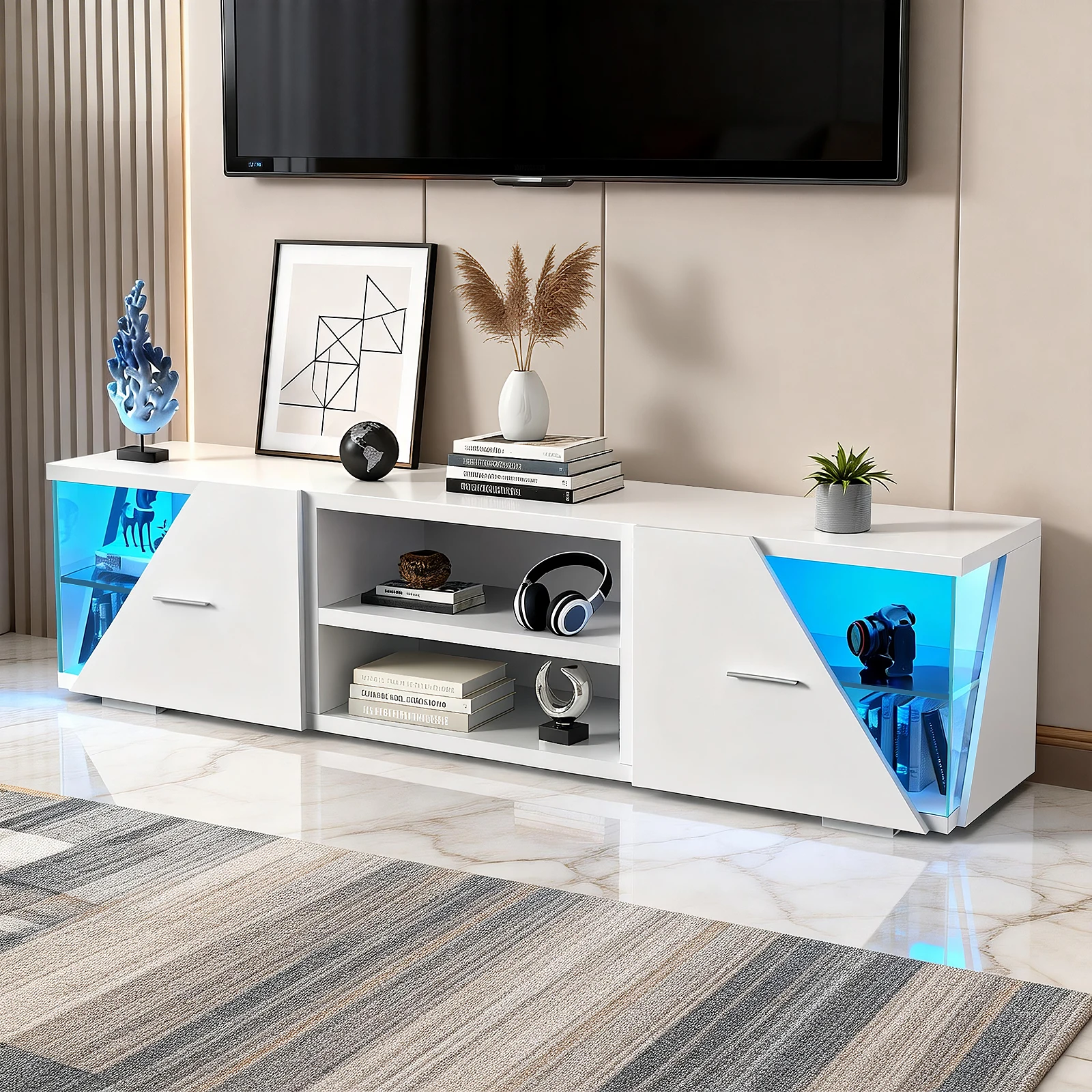 TV-Schrank, 45 Zoll TV Lowboard mit LED-Leuchten, Moderner Kommode Fernsehschrank mit 2 Schränke, Fernsehtisch, TV Möbel, Weiß