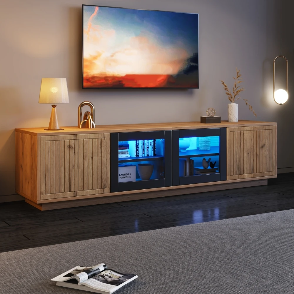 Meuble TV moderne 180*40*45cm, meuble de salon Lowboard, pour TV jusqu'à 75 pouces, meuble TV avec 2 armoires et barre lumineuse LED