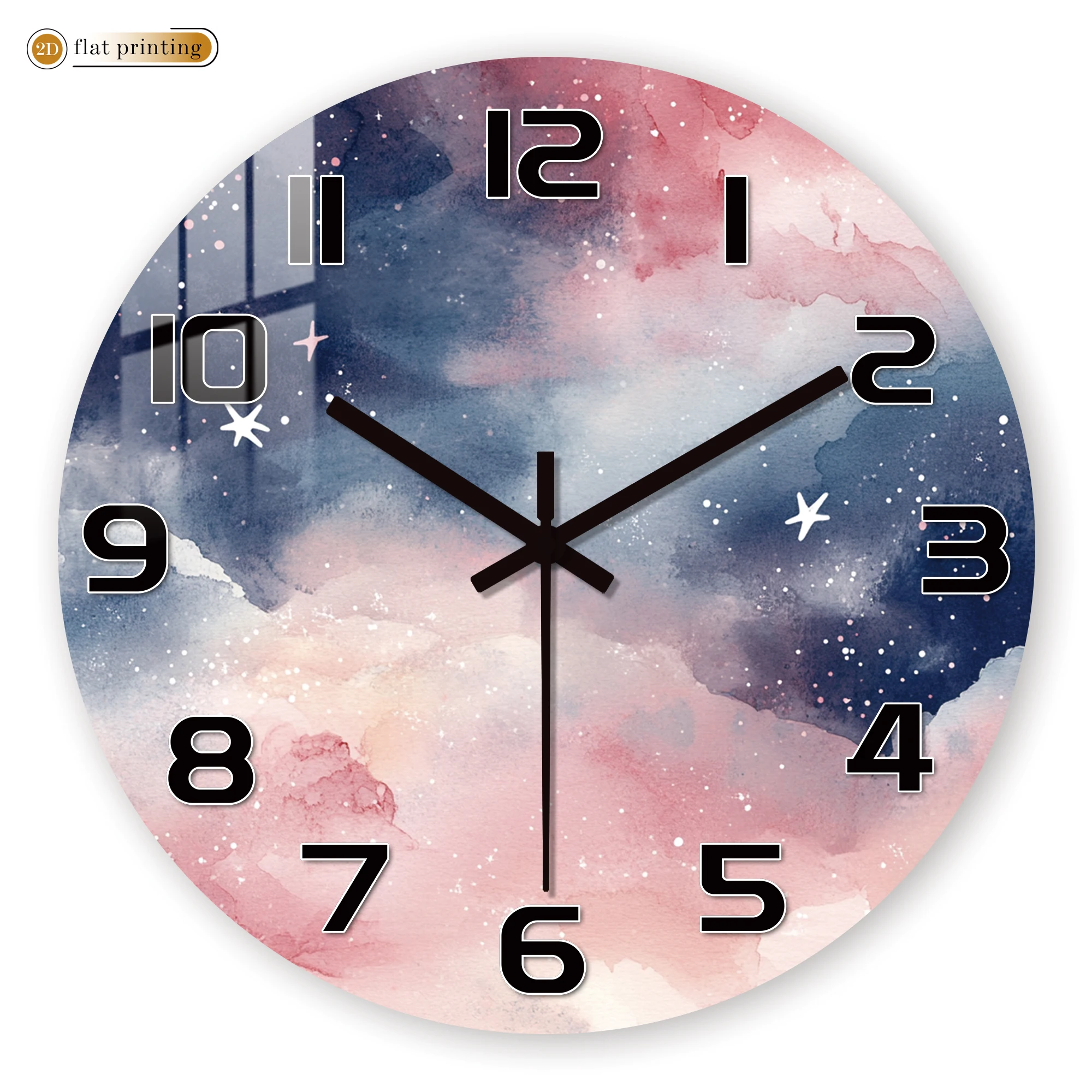 Aquarell-Galaxie-Wanduhr mit rosa und blauem Nebel, leises Quarzwerk, dekorative Uhr mit kosmischen Raumthemen und Sternakzenten Image