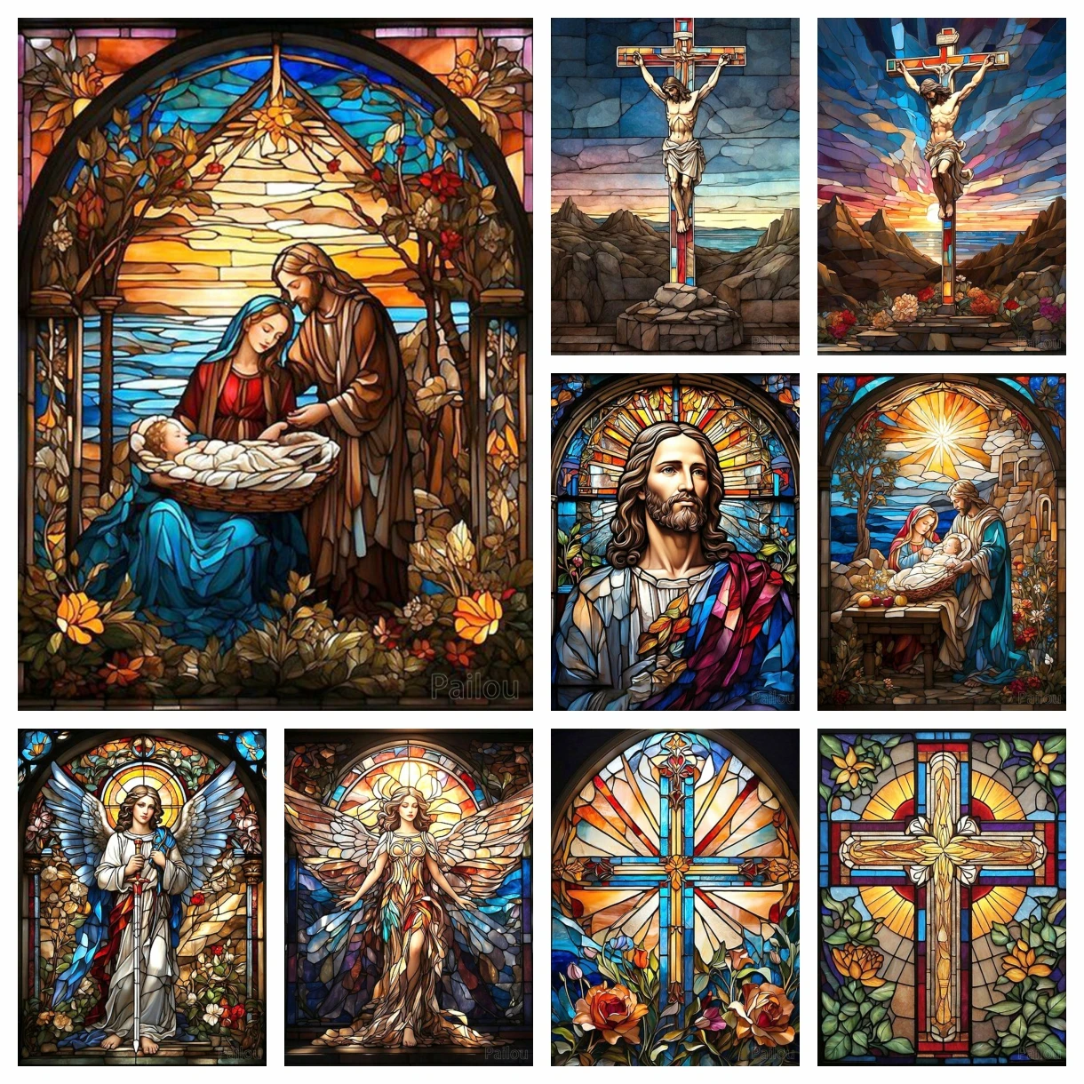 Religiöses Heiliges DIY 5D-Diamantgemälde Jesus Christus Buntglas Kunst Kreuz und Jungfrau Maria Mosaik Kreuzstich Geschenk Home Decor Image