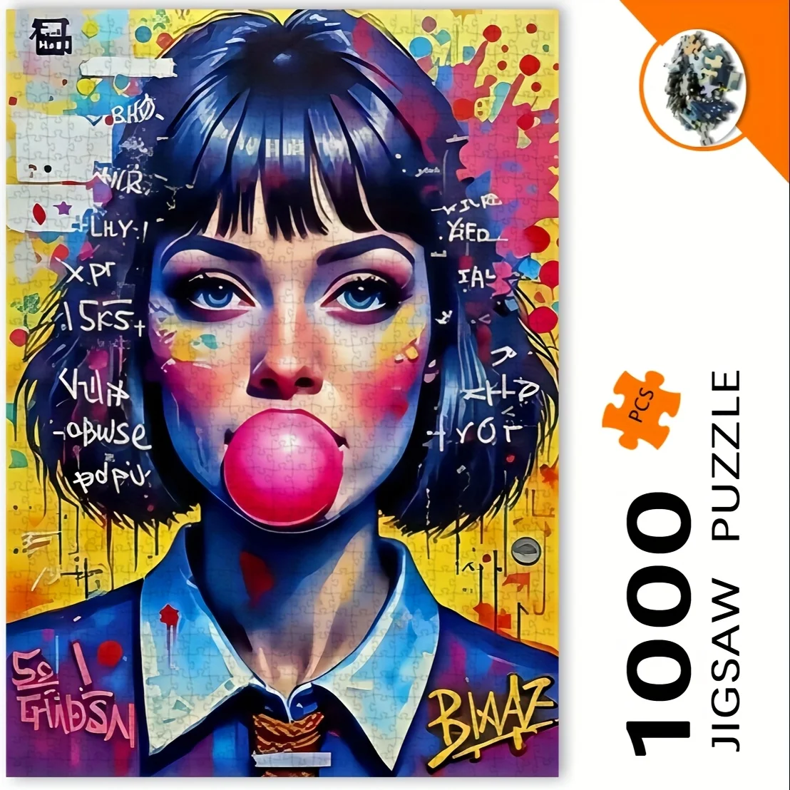 1000 Stück Graffiti-Kunst-Puzzle – Urban Bubble-Blowing Girl Design, lebendige Farben, tragbare rechteckige Kunstdekoration für Erwachsene, DIY Image