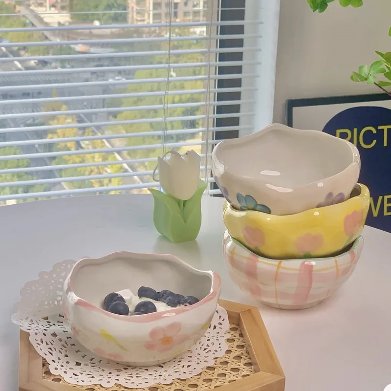 Cute Hand Painted Household Ceramic Bowl Korean Style Daily Rice Dessert Bowl Flower Pattern Irregular Tablewares