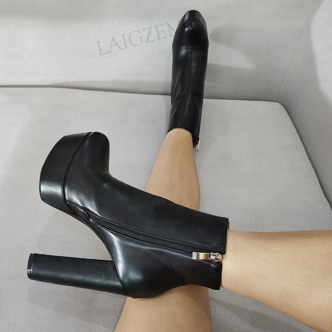 LAIGZEM Frauen Stiefeletten Plattform Seite Zip Thick High Heels Kurze Booties Schwarz Party Damen Schuhe Frau Große Größe 41 44 47 52