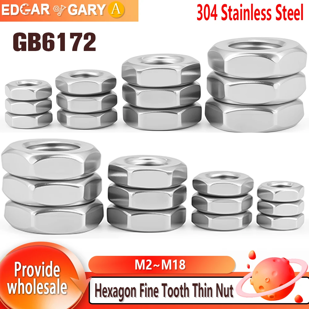 M2 M2,5 M3 M4 M5 M6 M8 M10 M12 M14 M16 M18 GB6172 304 Edelstahl Sechskant Feinzahn dünne Mutter 2 Stück-50 Stück flache Sechskantmuttern Image