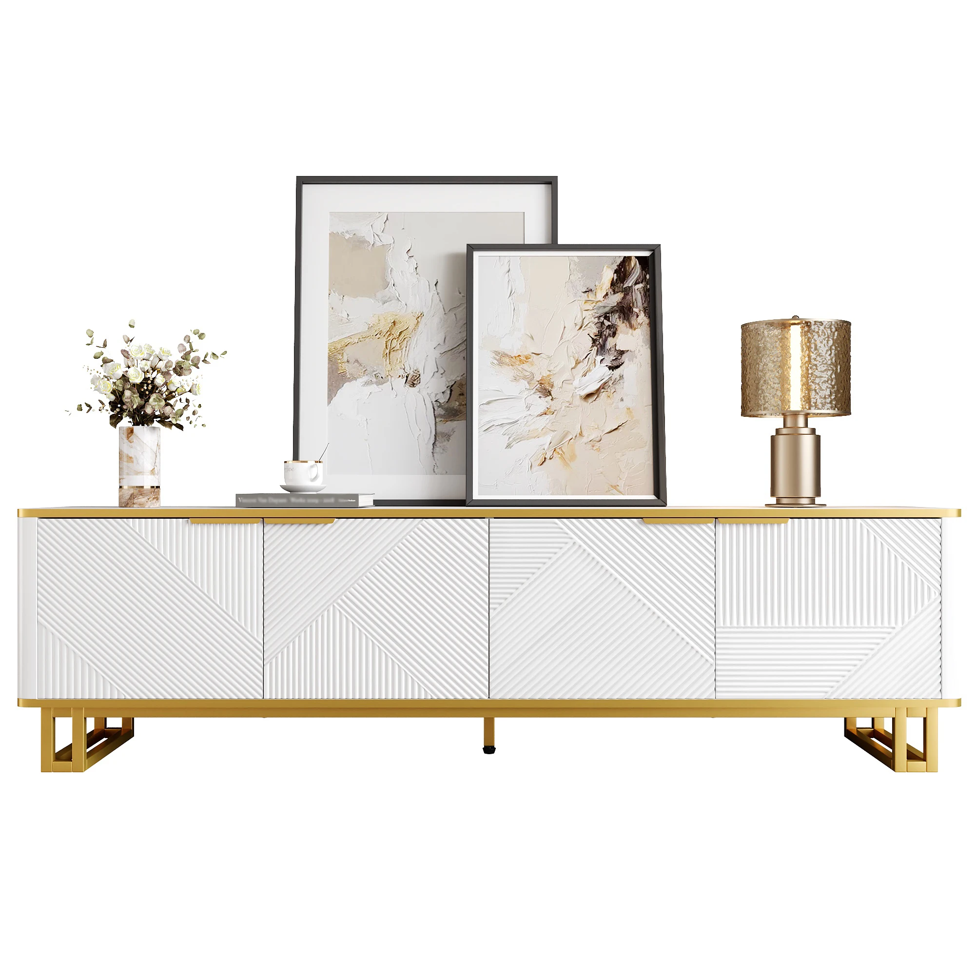 Meuble TV à quatre portes, meuble TV, panneau TV, meuble TV bas. Conception unique, texture géométrique. 160 x 37,5 x 48 cm