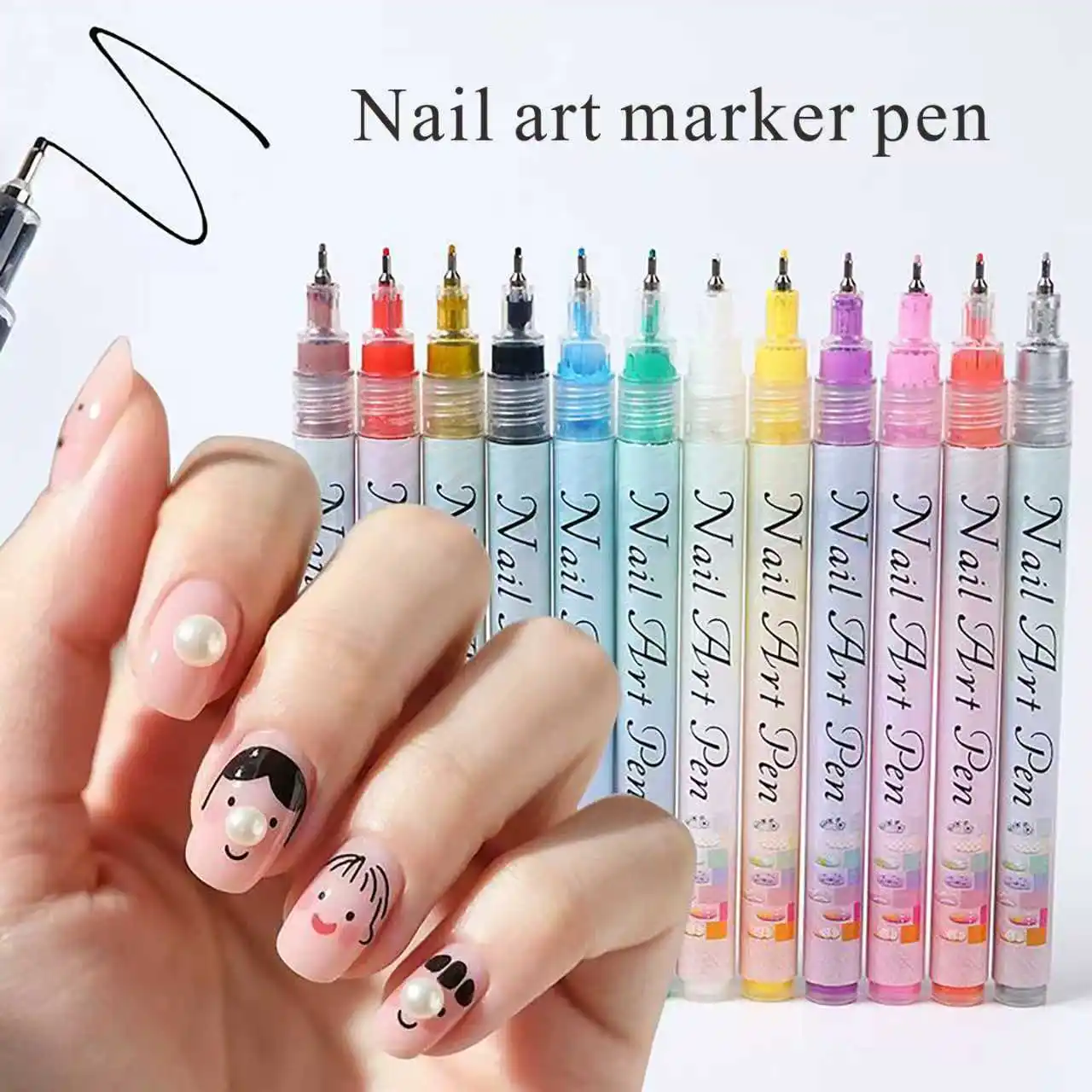 12-farbiger neuer Nagelkunststift, Zeichengraffiti, wasserfester Zeichenblock aus Kunststoff, Pinselmarkierungsstift, Nagel- und Nageldekorationswerkzeug-Set. Image