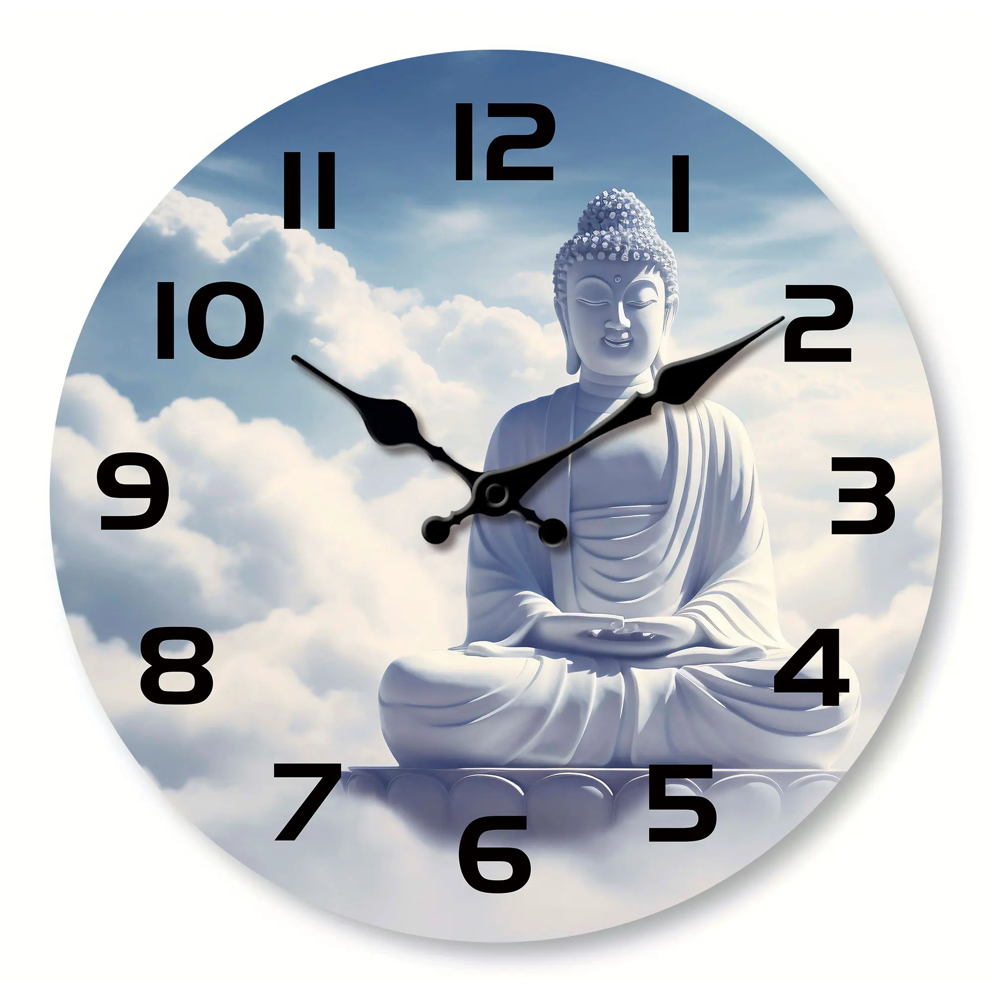 1 Stück weiße „Buddha“-Wanduhr aus Holz, religiöses Themen-Design, Buddha-Wanduhr – geräuschlos, nicht tickend, Wohnzimmer, Schlafzimmer, Küche Image