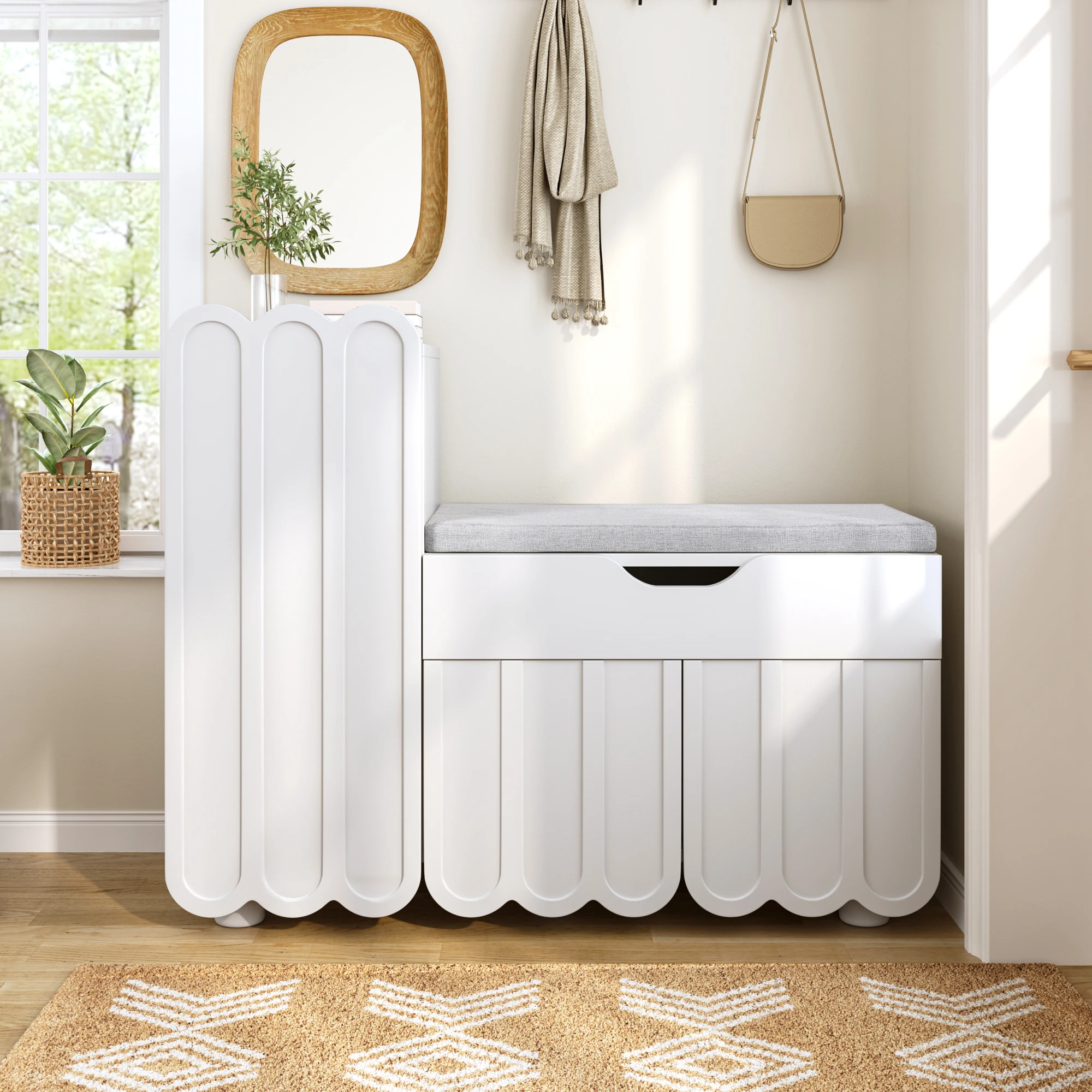 Moderner 3-türiger Schuhschrank mit Schublade und Sitzkissen – Weiß – Schuhschränke und Schuhbänke – platzsparende Schuhschränke