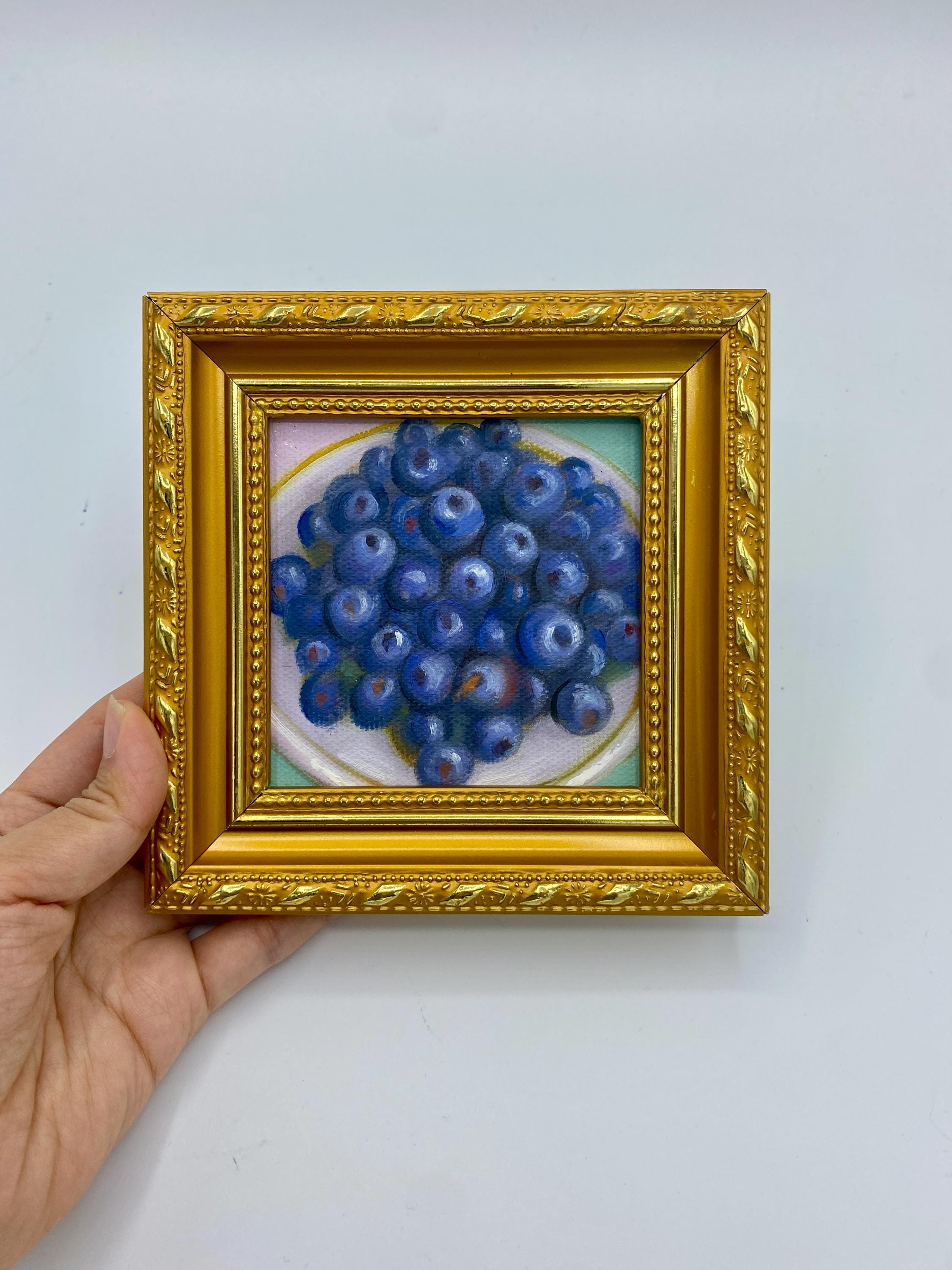 Dipinto ad olio originale, quadro con frutta, mirtilli, decorazione per la cucina, piccolo quadro su tela incorniciato, dipinto originale