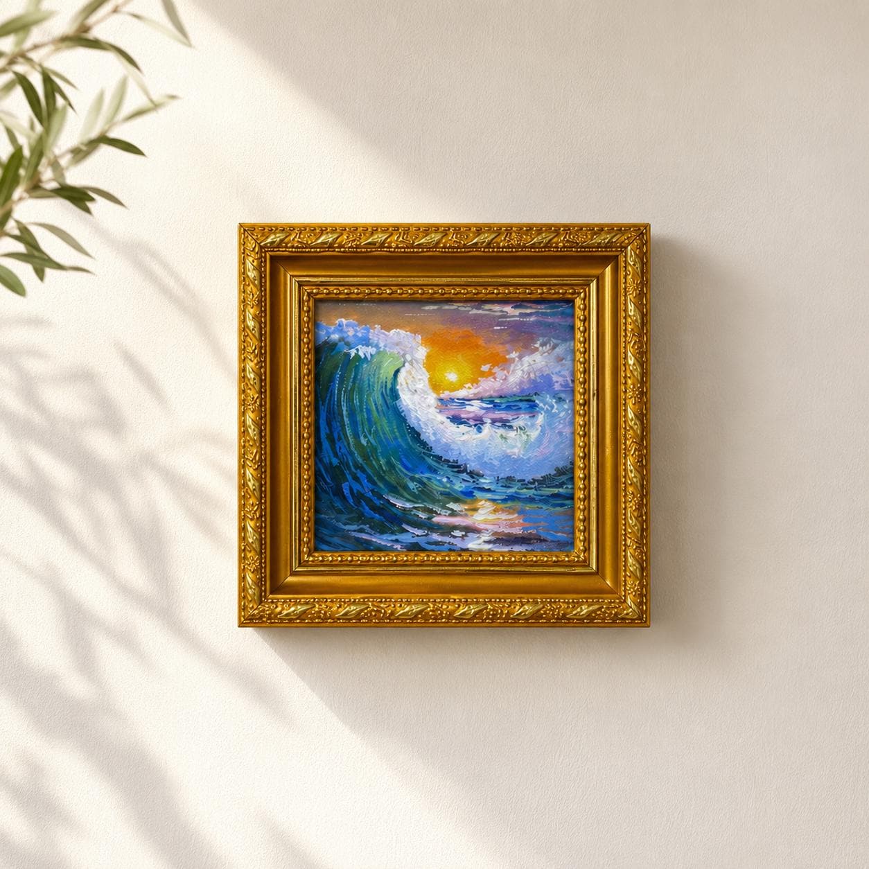 Dipinto ad olio originale, Quadro da parete con onde dell'oceano al tramonto, Quadro da parete a tema costiero, Quadro incorniciato, Quadro su tela