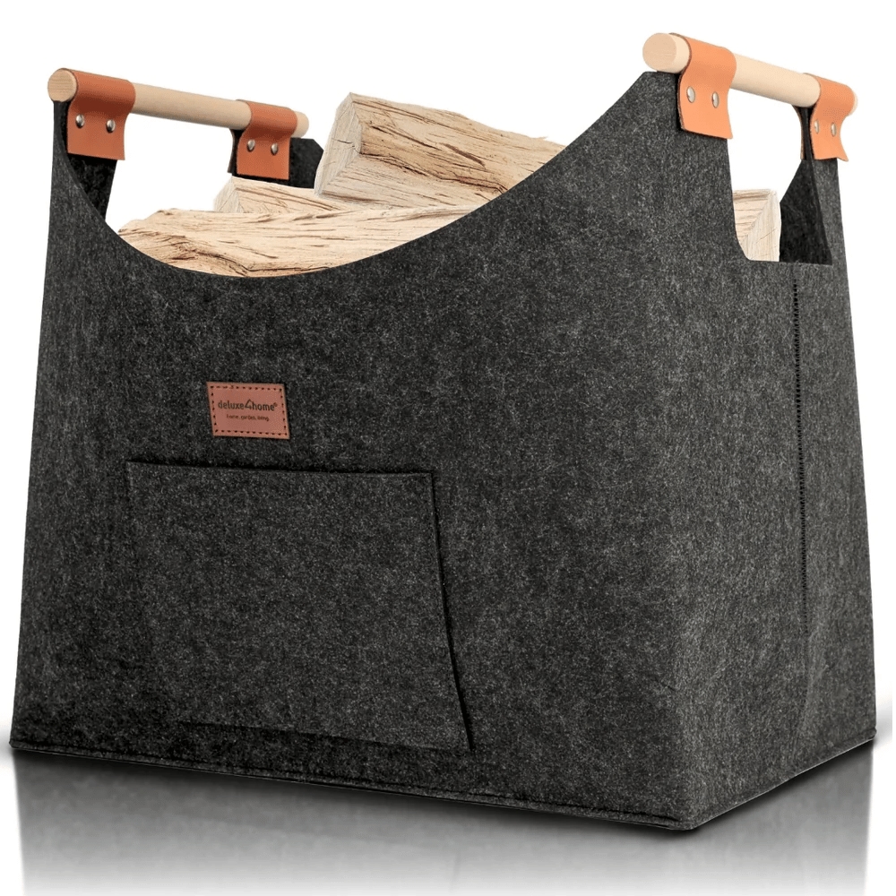 DELUKE Kaminholzkorb Filz Grau MELLA - XXL Korb 57L | Holzkorb für Kaminholz Verstärkter Griff Brennholzkorb Filzkorb Filztasche Faltbar Image