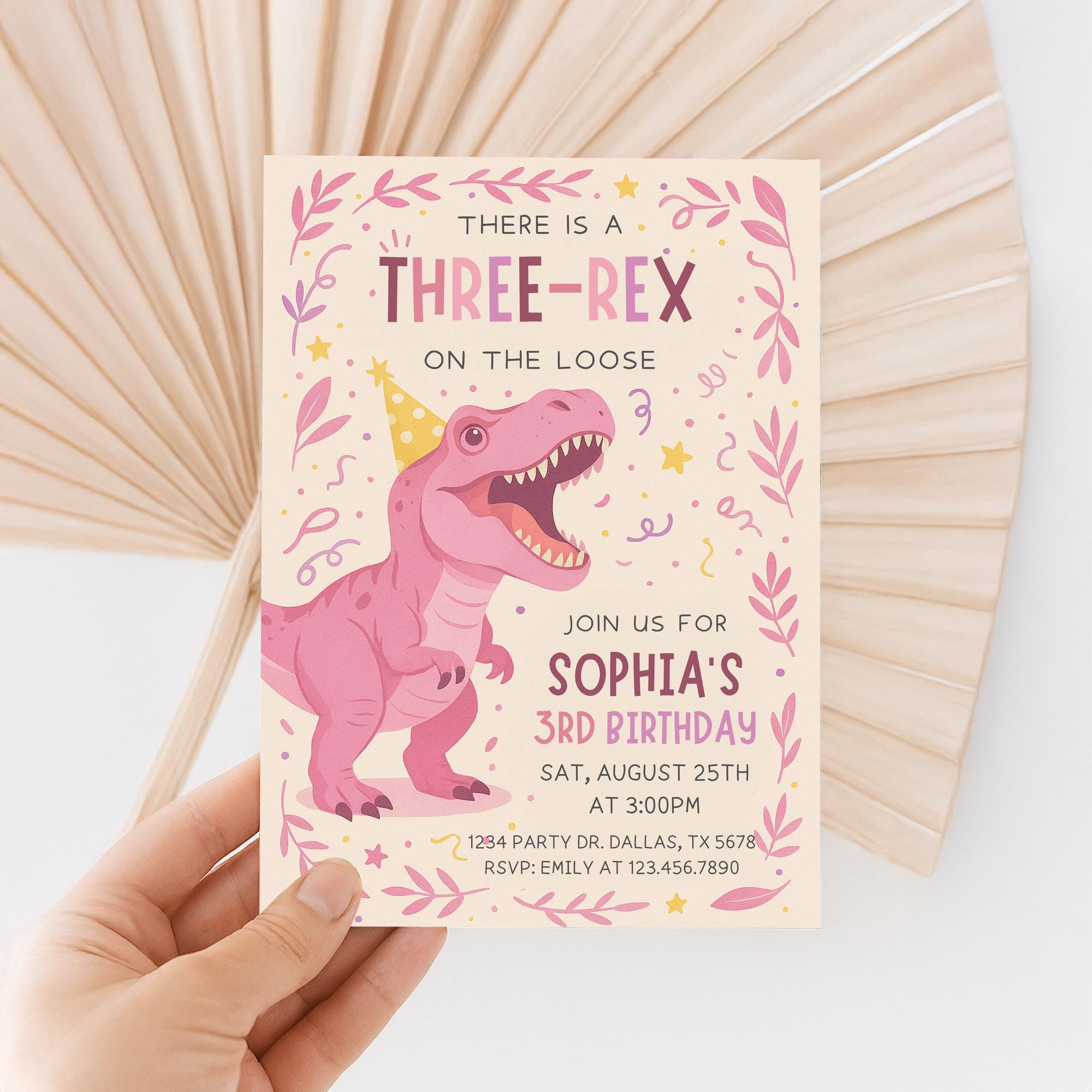 Faire-part d'anniversaire dinosaure, invitation d'anniversaire modifiable trois Rex, troisième anniversaire des filles Dino Party, trois rex en libert