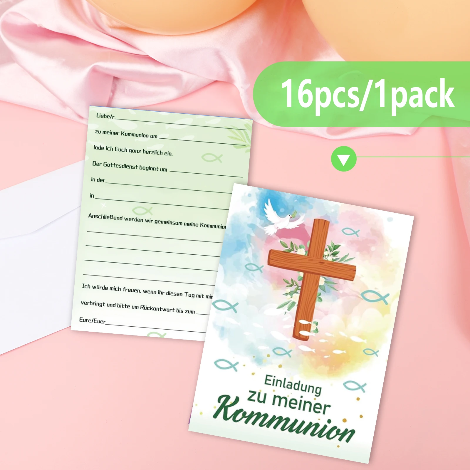 16 Stk. Einladungskarten für christliche Kommunion – elegantes Aquarelldesign mit Kreuz-, Tauben- und Fischsymbolen, perfekt für Image