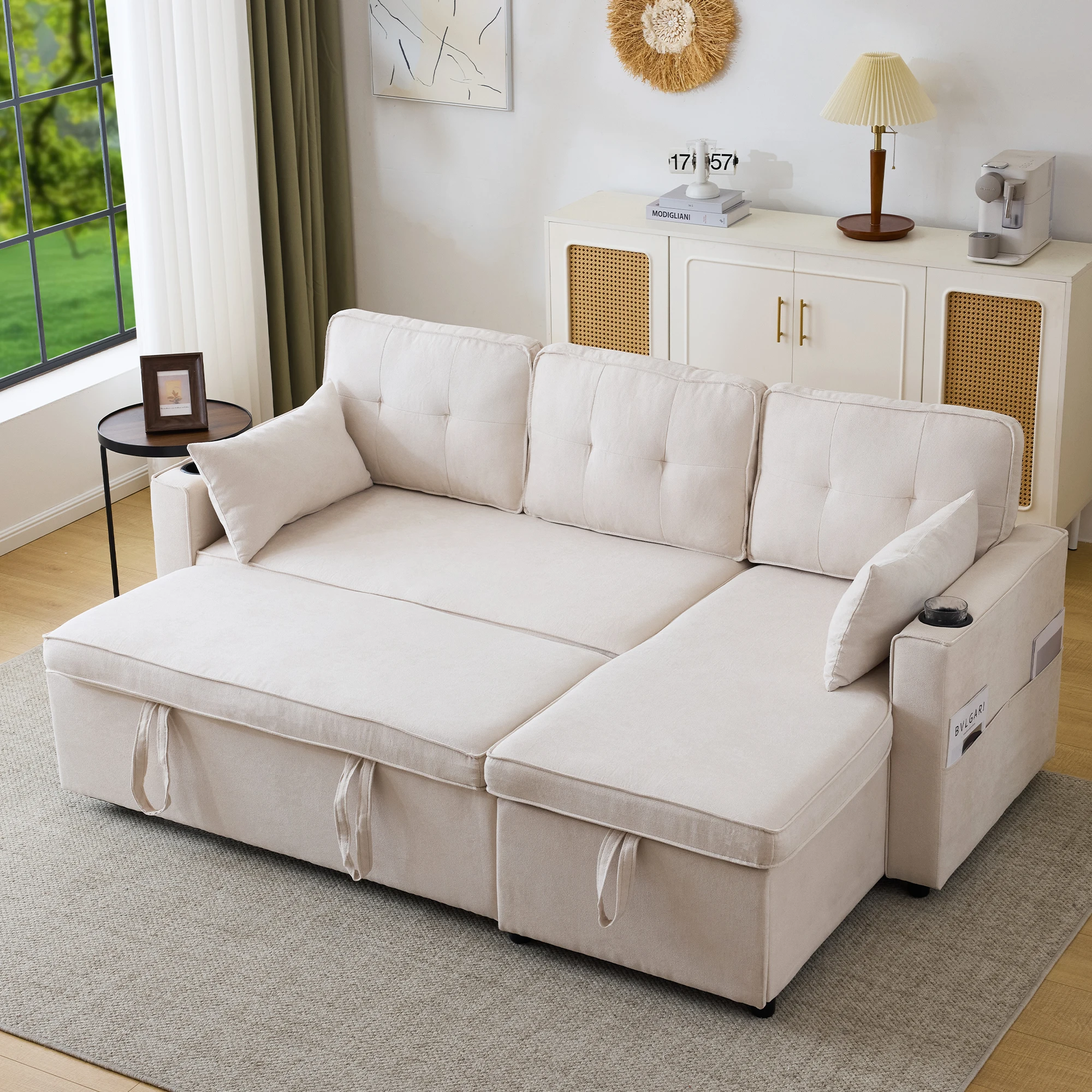Schlafsofa mit Schlaffunktion, L-förmiges Sofa mit Getränkehalter, Polstermöbel Sofa, Loungesessel mit Stauraum