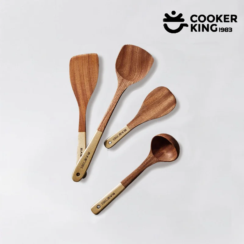 COOKER KING – ensemble d'outils de cuisine 4 en 1, spatule et cuillère en ébène pour une cuisine, ustensiles de cuisine, cadeau de cuisine exquis pour la famille