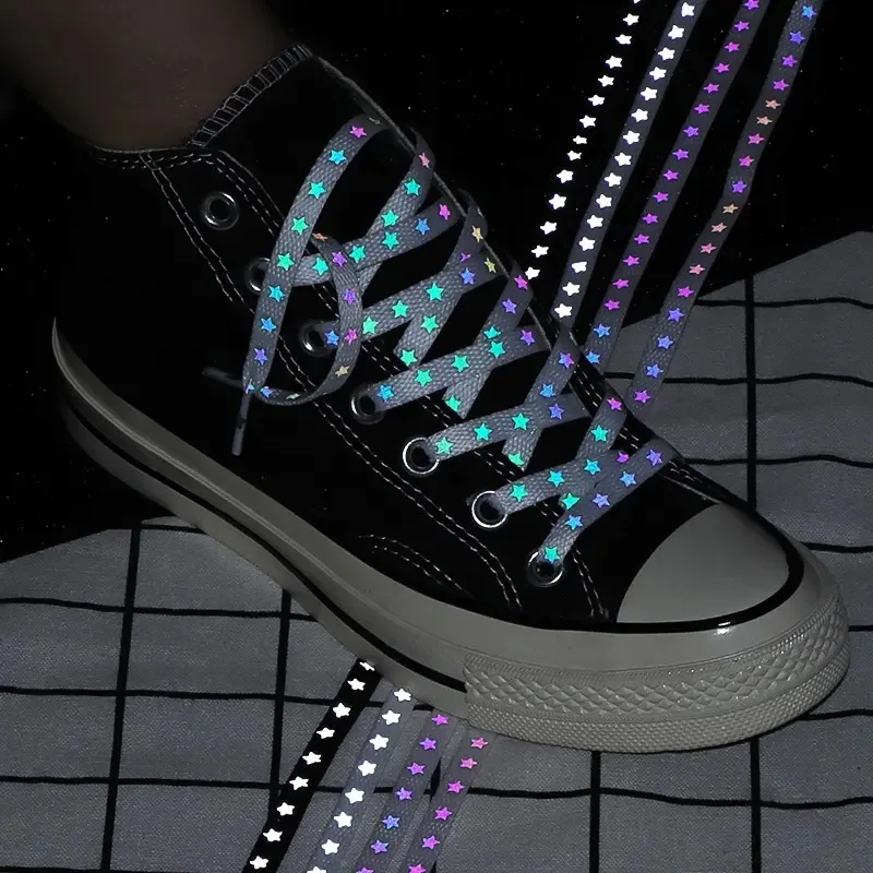 1 Paar fünfsternige holografische Schnürsenkel für Turnschuhe, reflektierende leuchtende Schnürsenkel, doppelseitige, hochhelle, leuchtende Schnürsenkel, neu Image