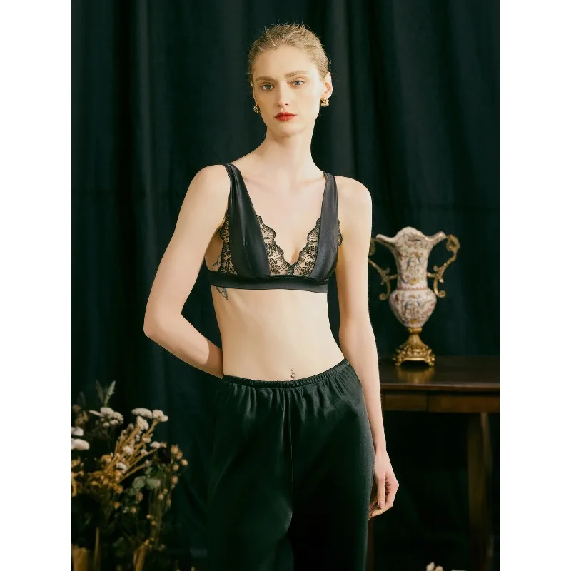 Sexy Dessous-Set, französisches Bralette mit tiefem V-Ausschnitt, ohne Bügel, BHs für kleine Brüste, Push-Up-Unterwäsche-Set aus Satin und Spitze, MOYISU Sexy B