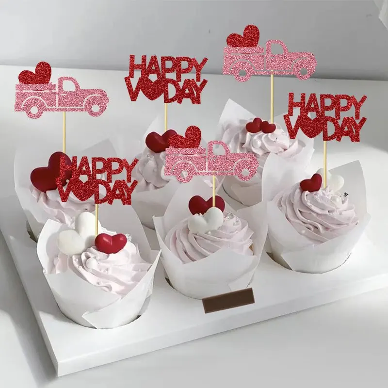 12/24PCS Romantische Kuchen Topper Goldene Rote Glitter Flaggen Holz Sticks Einfach Verwenden Valentinstag Jahrestag Hochzeit Party Kuchen decor Image