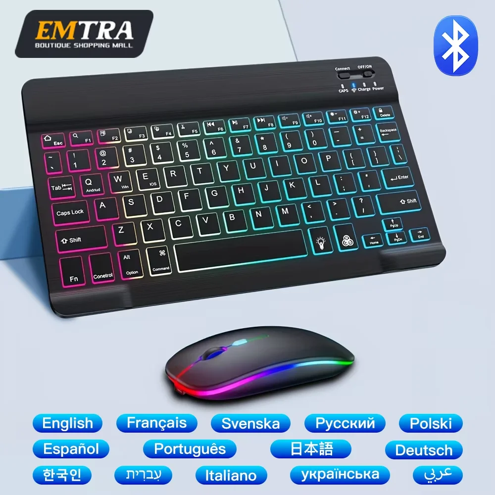Backlit Hintergrundbeleuchtung Drahtlose Tastatur und Maus Für iOS Android Windows Tastatur Bluetooth-kompatibel Regenbogen Tastatur Mit Hintergrundbeleuchtung Image