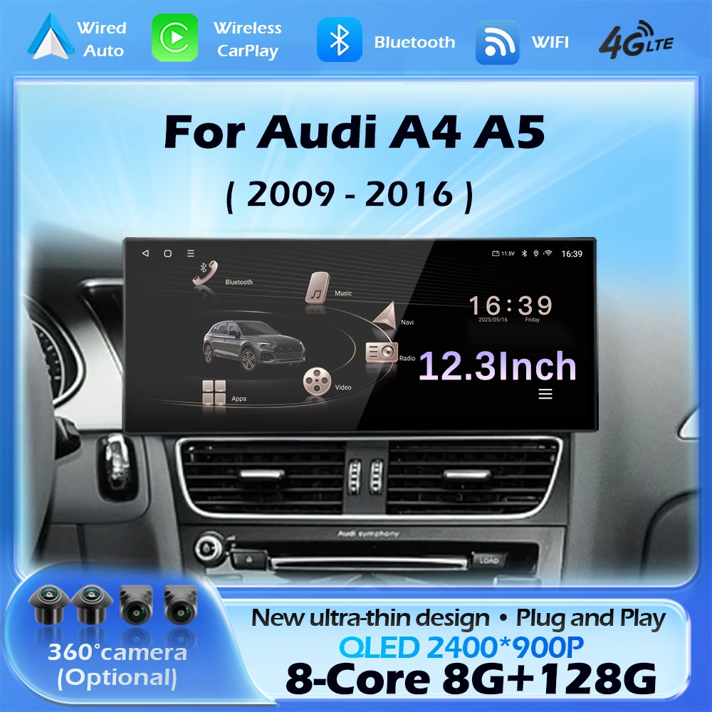 Für Audi A4 B8 A5 2009 - 2016 Android 15 Kabelloses Carplay Autoradio Multimedia-Player GPS-Navigation Ultra-dünner Bildschirm DSP Stereo WLAN Image