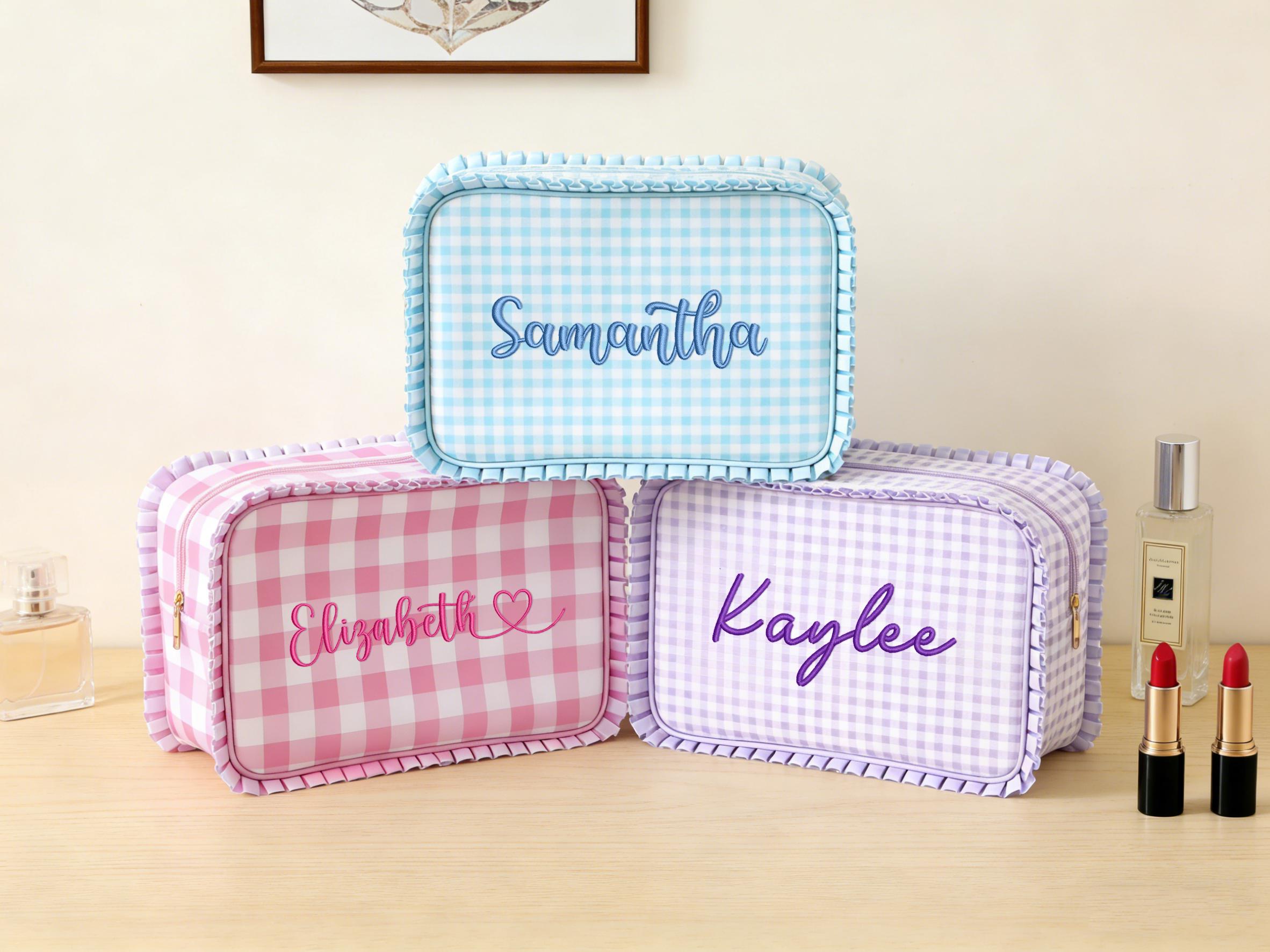 Borsa per il trucco personalizzata ricamata, borsa per cosmetici con volant a quadretti, borsa per cosmetici, pochette da viaggio per il trucco, borsa