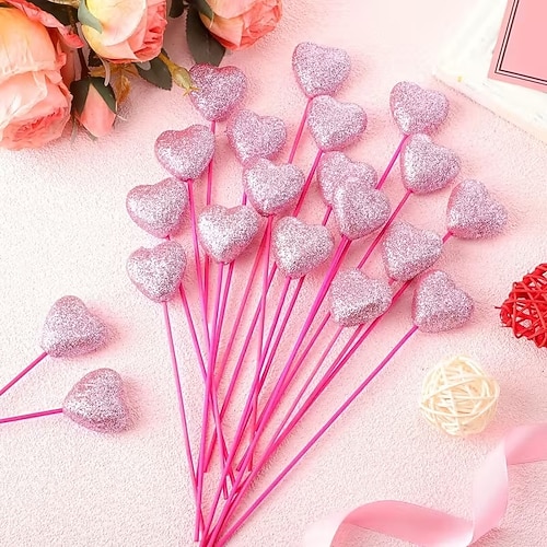24 stecchini a forma di cuore in schiuma per San Valentino, rossi steli di schiuma a forma di cuore con glitter rosa e steli di legno, soffici cuori per matrimonio, bouquet decorazioni natalizie
