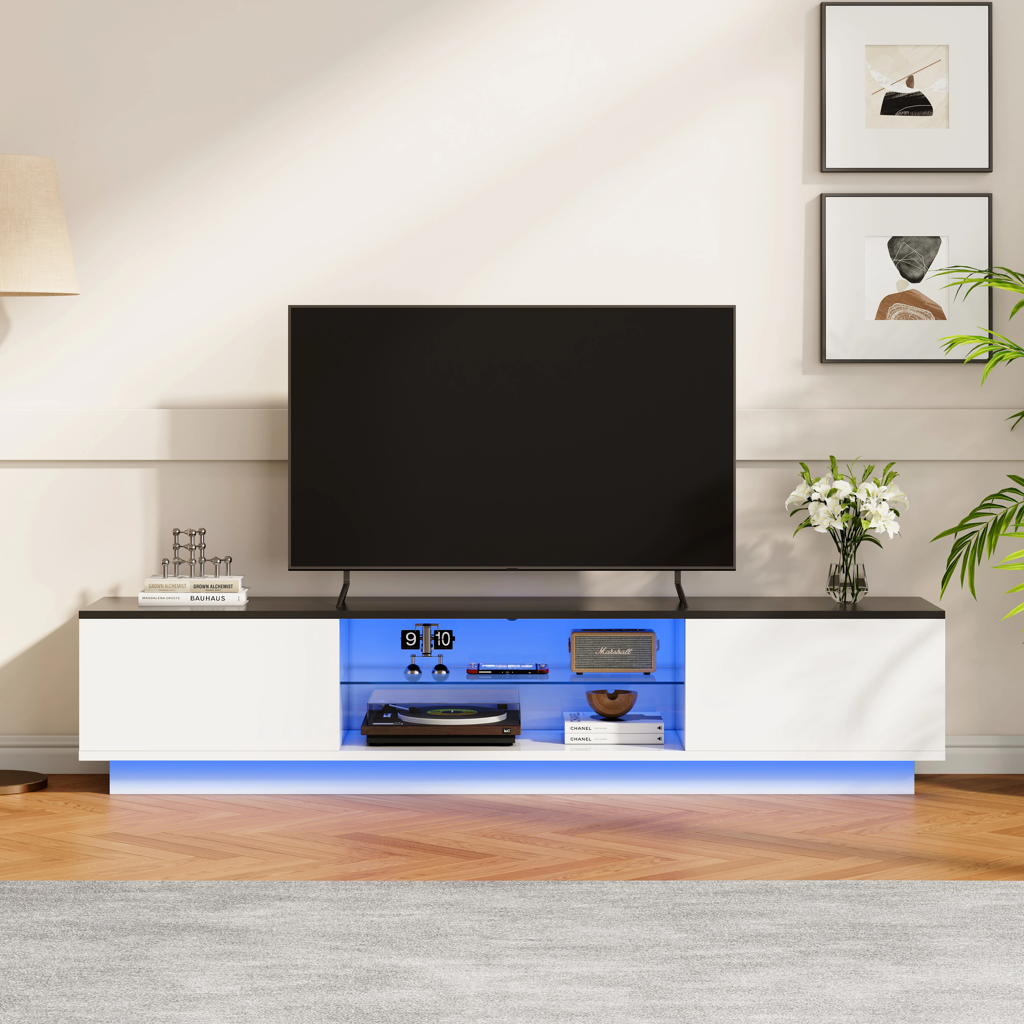Rosahqnda Meuble TV blanc 140/160 cm, meuble TV avec lumières, meuble TV LED moderne, table console multimédia pour salon