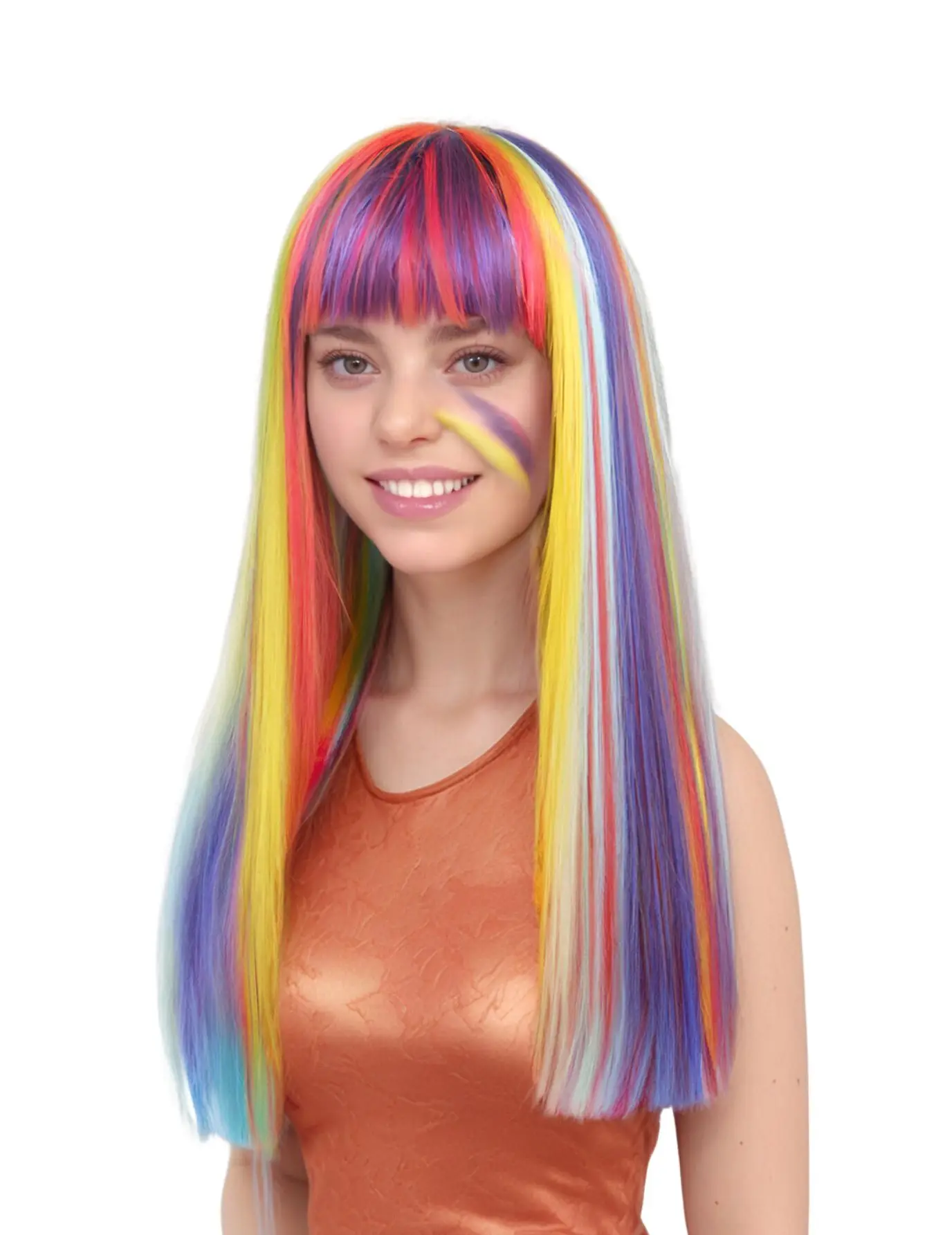 Regenbogenfarbene lange glatte Haarperücke, modisch, personalisierbar, mehrfarbig, hochwertige synthetische lange glatte Haare, Damenperücke Image