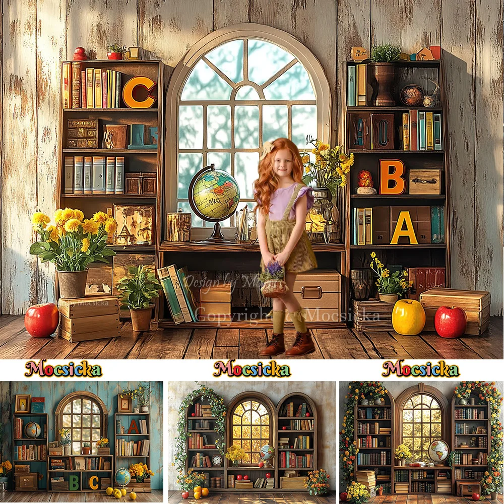 Mocsicka Back to School Theme Party Hintergrund Fotografie Bücherregal Fenster Boden Hintergrund Kindergeburtstag Kuchen Smash Fotostudio Image