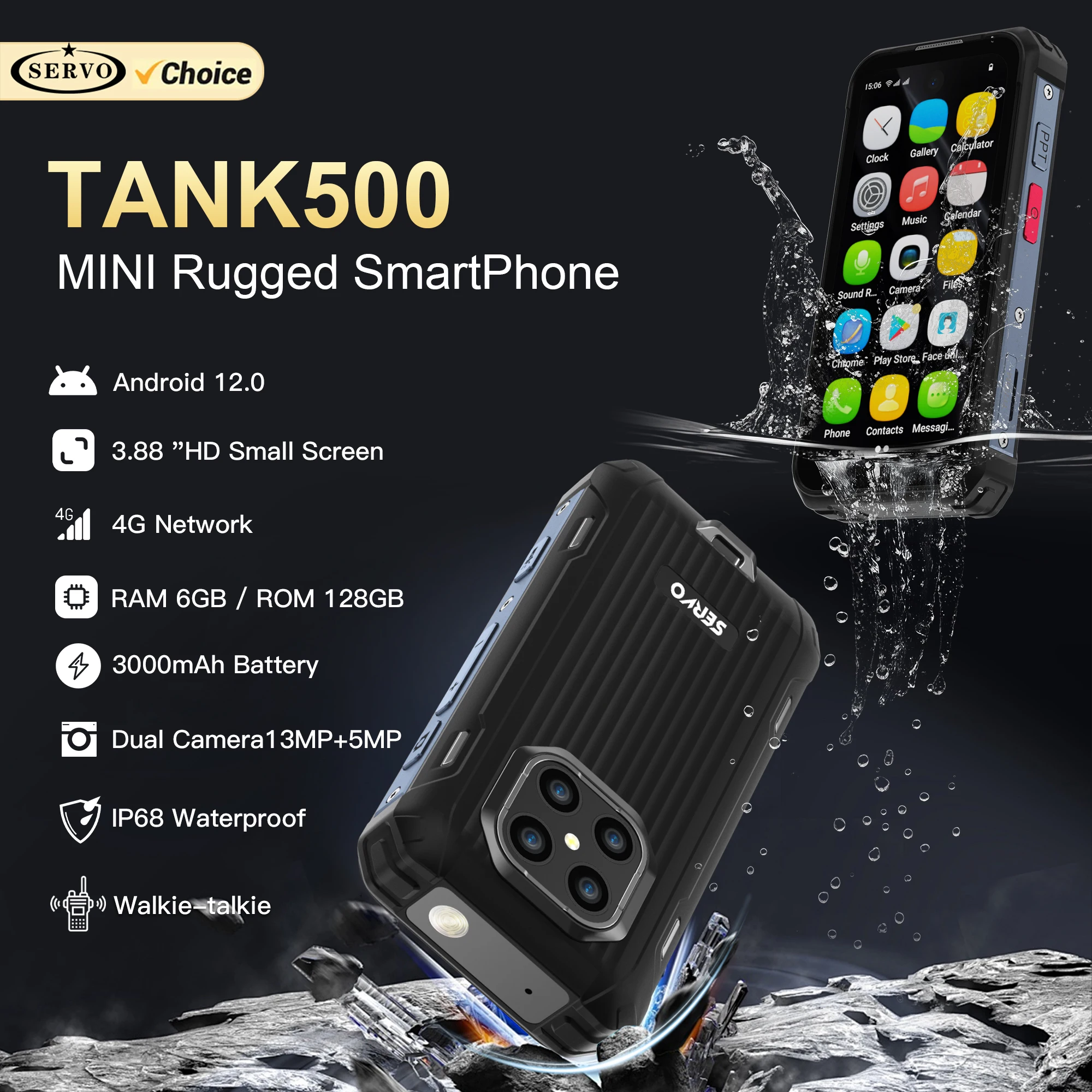 SERVO TANK500 IP68 Wasserdichtes Mini-Smartphone 4G LTE Android 12 RAM 6 GB ROM 128 GB PTT Netzwerk-Gegensprechanlage Kleine robuste Smartphones Image