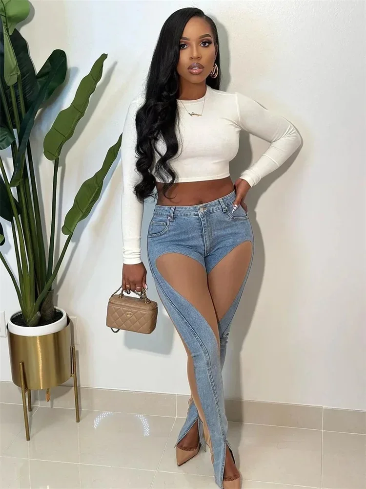 Y2k Kleidung Streetwear Jeans Elastische Hosen Frauen Casual Hohe Taille Design Casual Denim Blau Patchwork Denim Hosen Hosen