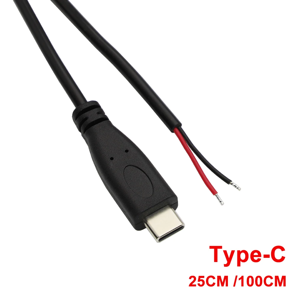 0.25/1M USB C a 2 Pin Cavo Nudo Open End Cavo di Alimentazione Connettore del Caricatore Tipo C Spina Maschio Cavo a Treccia 22AWG Riparazione FAI DA TE