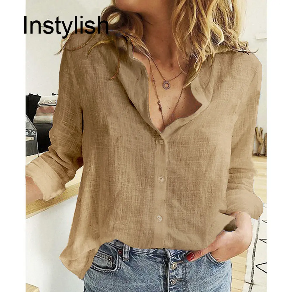 Camicia allentata in lino di cotone a maniche lunghe casual da donna Elegante camicetta con risvolto Harajuku solido Top oversize vintage Y2K Tunica streetwear