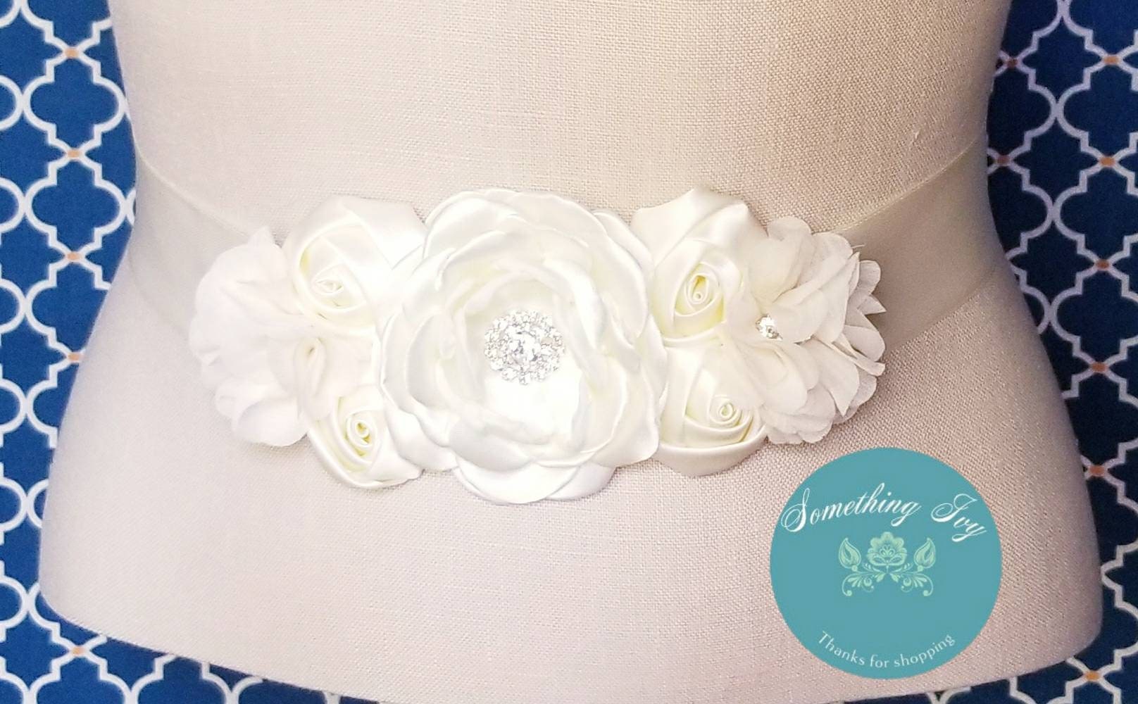 Fascia in raso color avorio/crema, cintura da sposa color avorio con fiori, fascia da sposa in raso color avorio, cintura in organza color avorio con