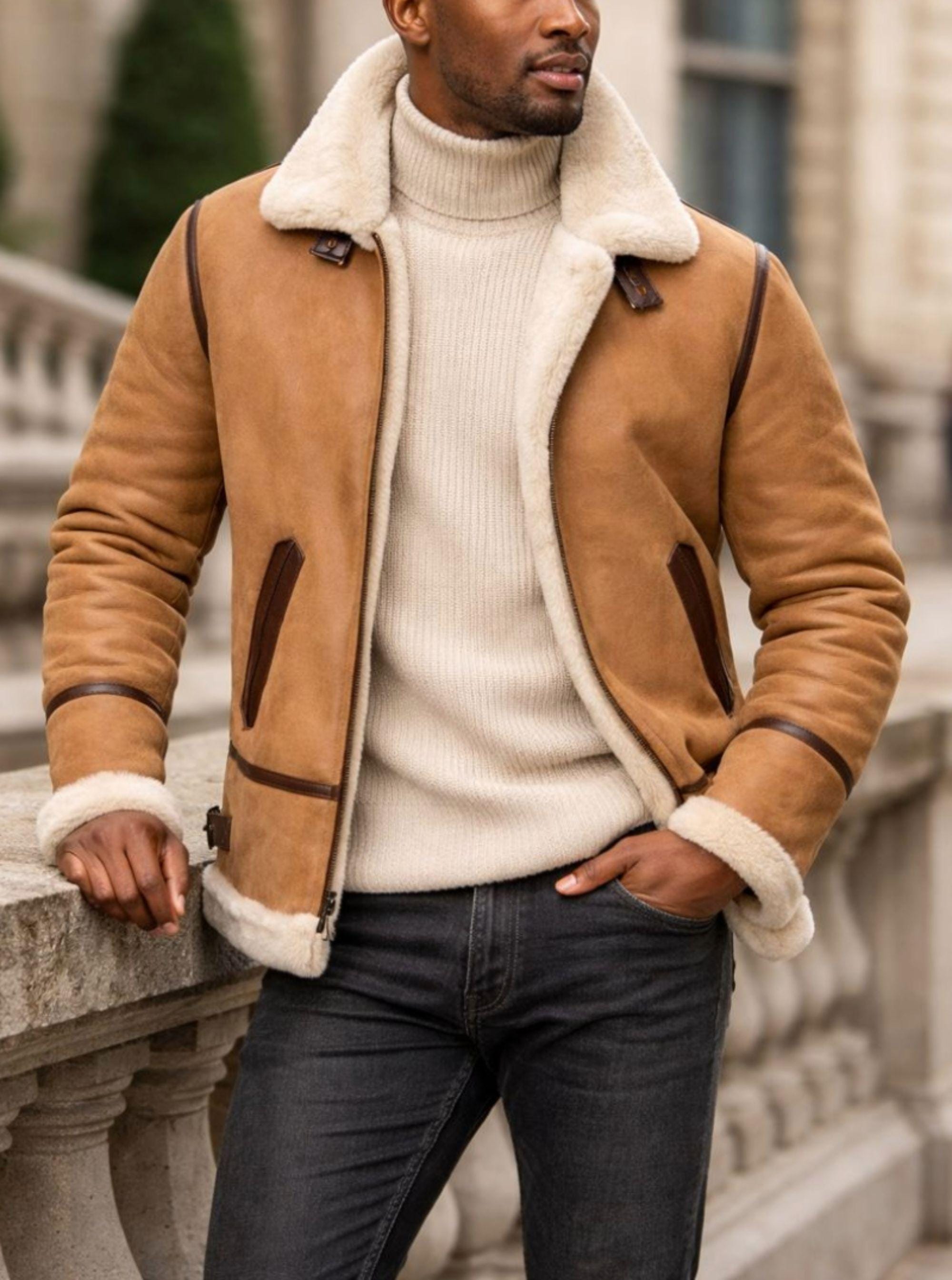 Giacca in vera pelle di montone, cappotto in vera pelle di montone marrone da uomo, giacca invernale calda e spessa, regalo fatto a mano per lui