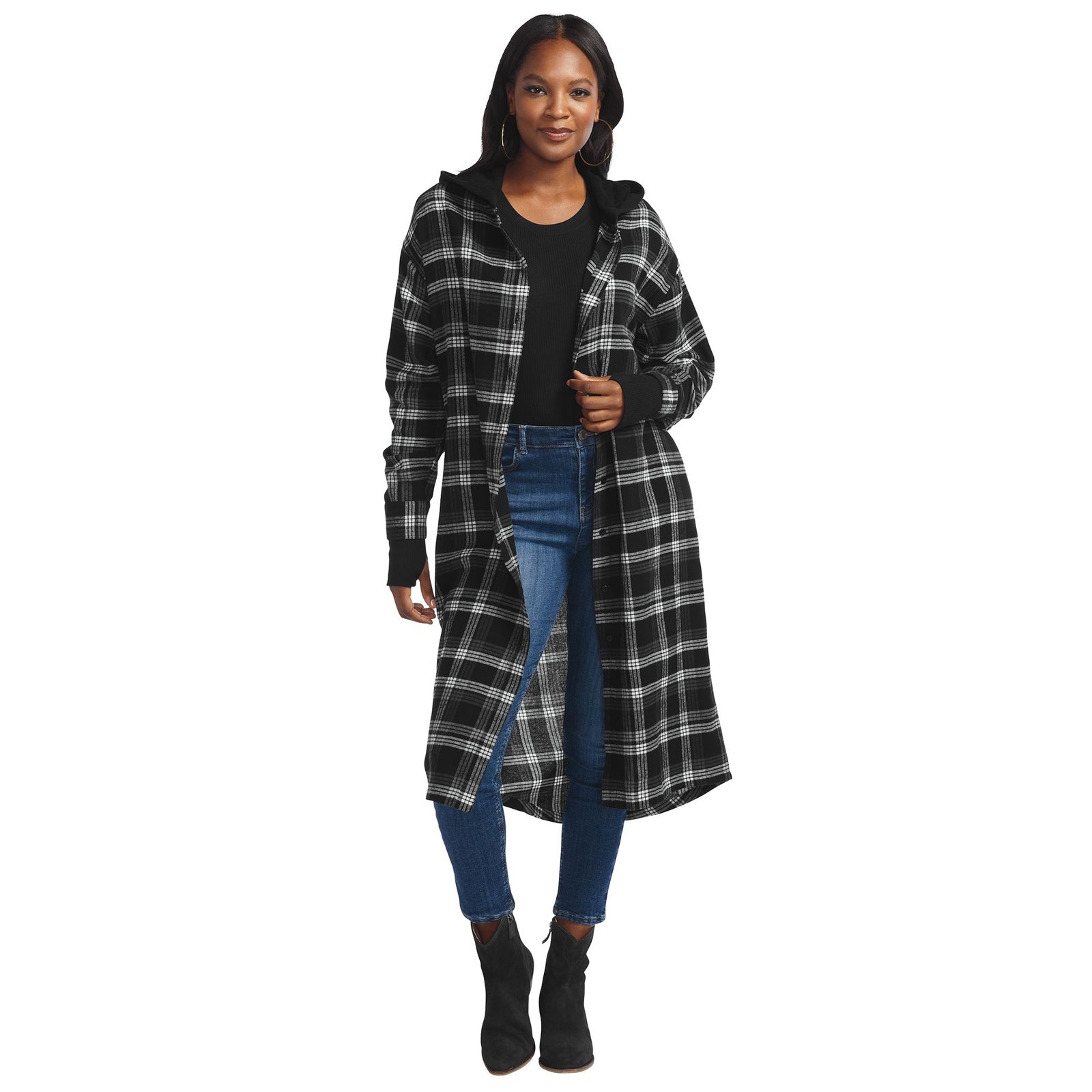 K. Jordan Flannel Hoodie Duster (Size 1X) Black-White Plaid, Cotton,Polyester