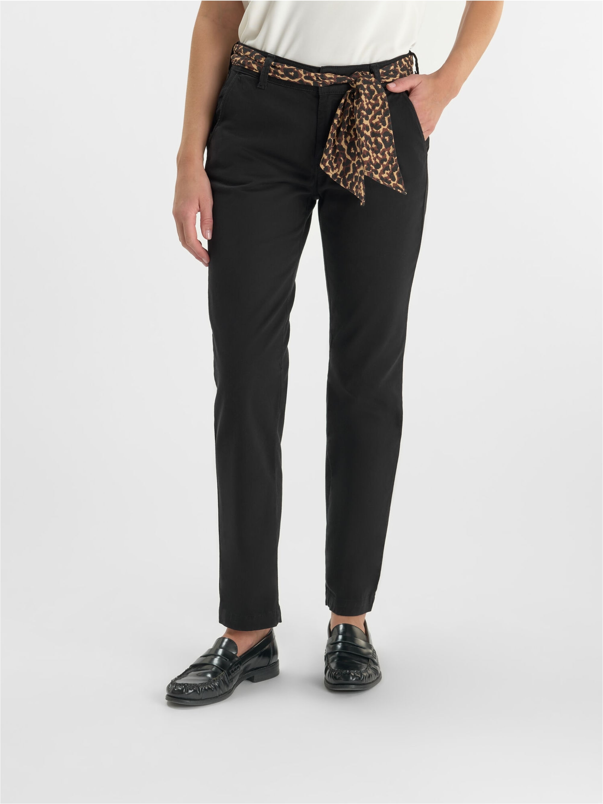 Chinohose LE TEMPS DES CERISES "KRISTIN", Damen, Gr. 28, US-Größen, schwarz, 98% Baumwolle, 2% Elasthan, unifarben, Hosen Chinohose, mit integriertem Gürtel