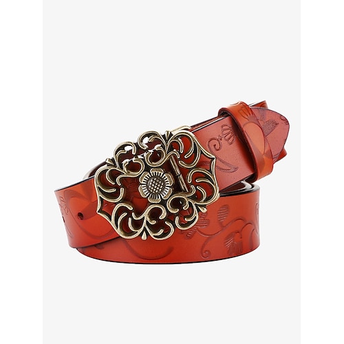 Roter Ledergürtel für Damen mit floral geschnitzter Vintage-Schnalle – Accessoire im Western-Boho-Stil Image