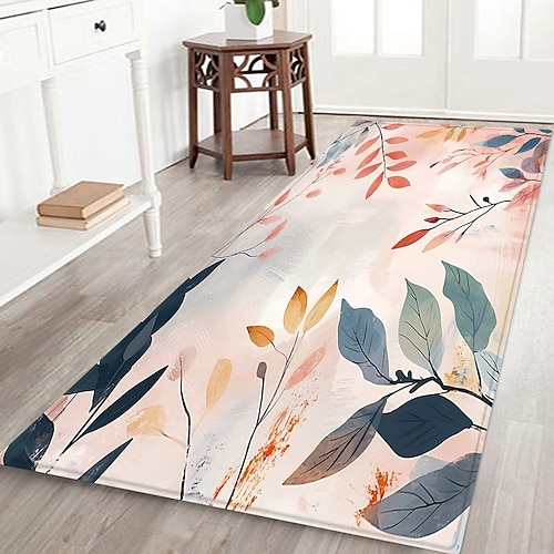 Rutschfester Flurläufer mit Pflanzen-, Blumen- und Blattmuster aus Flanellstoff, bedruckte Fußmatte für Eingangsbereich, Badezimmer und Wohnbereich Image