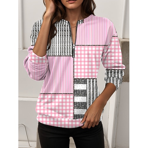Damen Sweatshirts mit Reißverschluss Reißverschluss Druck Grafik Geometrisch Mode Lässig Langarm Rundhals Normale Oberteile Straße Alltagskleidung Blau Rosa Purpur Grün Frühling Herbst Image